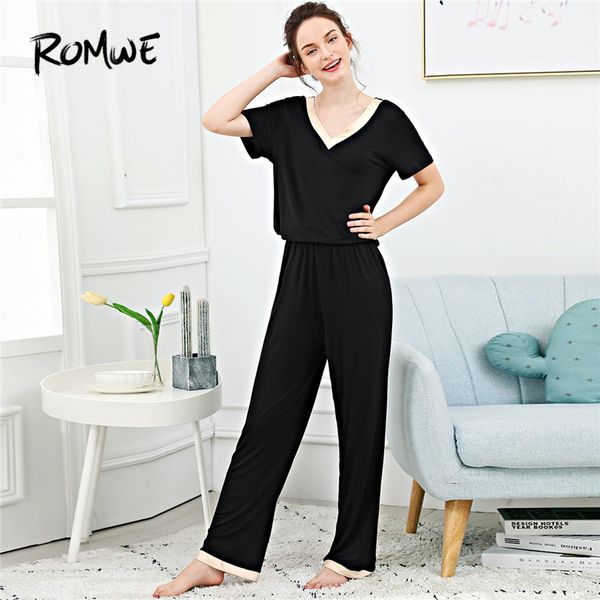 

romwe черный контраст v шеи пижамы набор женщин 2019 лето с коротким рукавом футболки и брюки повседневная ночь пижамы пижамы наборы, Blue;gray