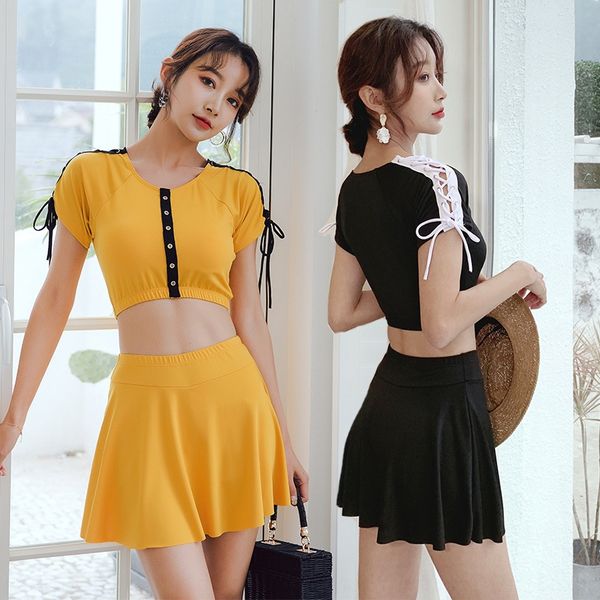 

8vkv4 japanese and korean swimming women's small chest gathered split skirt fresh swimsuit and lovely student swimming suit women, White;black