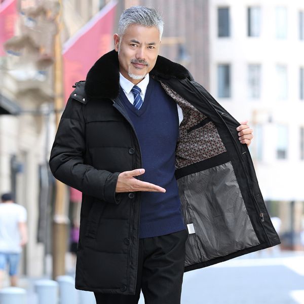 

winter new style middle age men casual warm hooded down coats luxury fur collar thick long down jacket men, Black