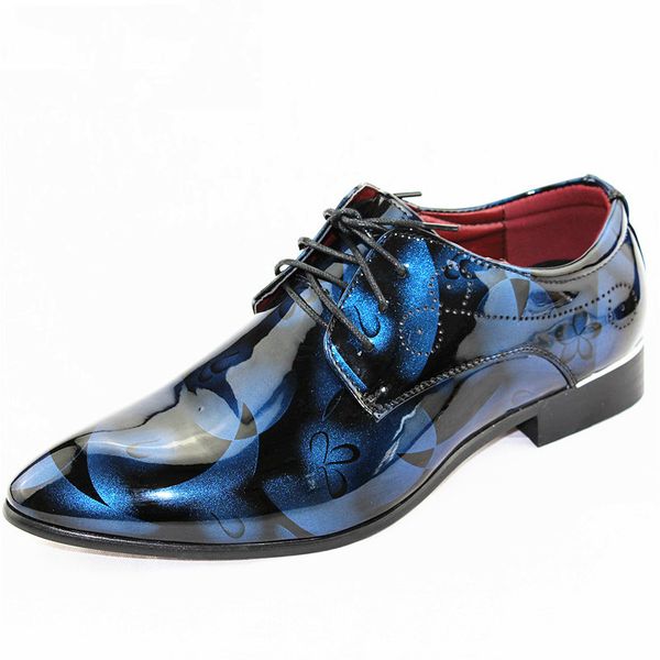 

vintage design men's fashion print plus size patent leather business shoes mens casual lace-up flats chaussure homme size 37-48, Black