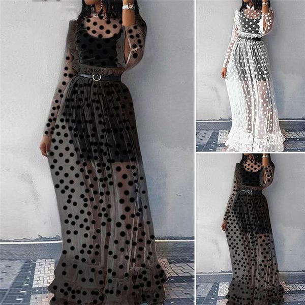 

hiriign 2019 women mesh sheer see-through bikini cover ups blouse long sleeve dot long maxi dress v neck shirt women dress, Blue;gray
