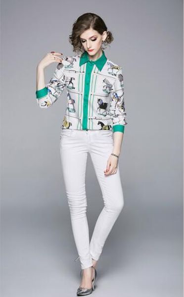 

women's europe station new women's print slim long sleeve joker lapel shirt, White
