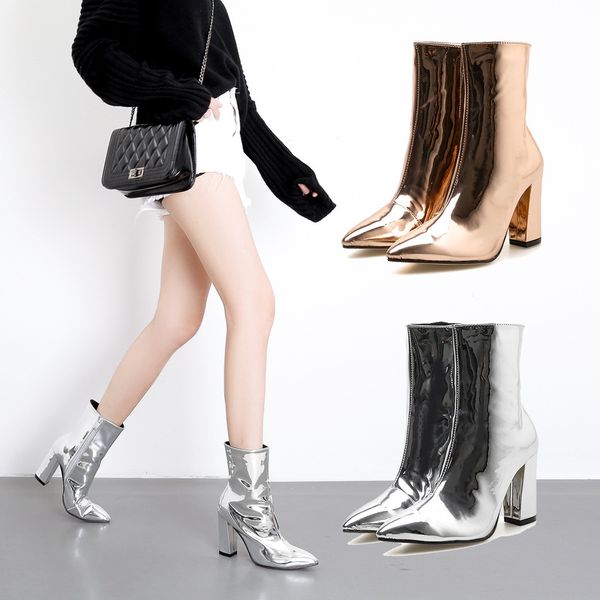

new arrival paint leather glossy middle boots pointed 9cm thick high heel gold fashion women's boots qs999-2, Black