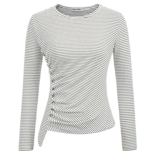 

women's casual buttons decorated cotton pleated long sleeve crew neck, White