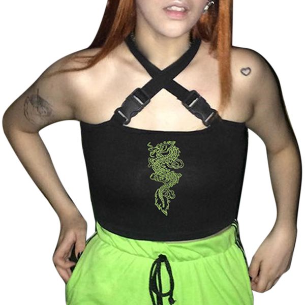 

fashion cami buckle crisscross streetwear crop short dragon embroidery slim fit backless tank beach cool summer, White