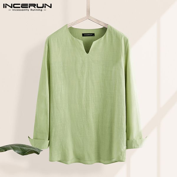 

2020 vintage men shirt cotton long sleeve streetwear solid color camisa v neck men casual shirts s-5xl incerun, White;black