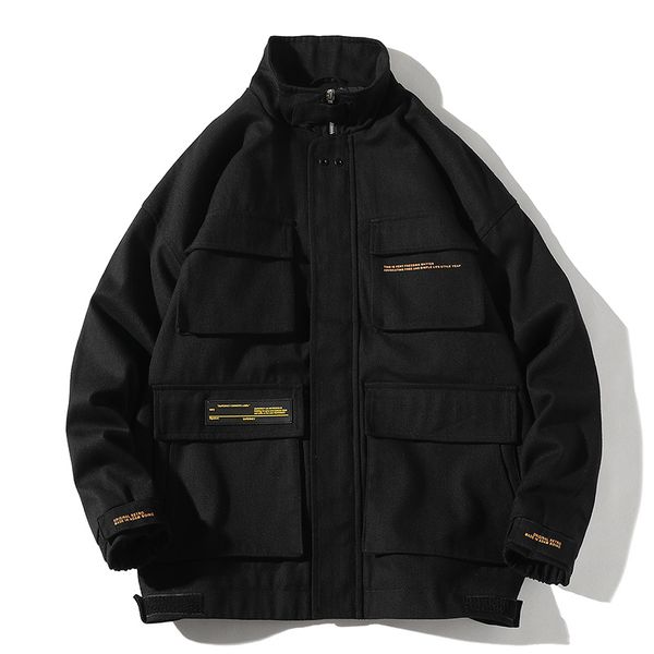 

2019 autumn cargo jackets men streetwear solid color jacket hip hop long sleeve coat pocket windbreaker male bomber jackets men, Black;brown