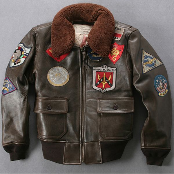 

avirex fur collar genuine leather jacket men brown thick sheepskin flight jacket black men's winter leather coat pilot suit