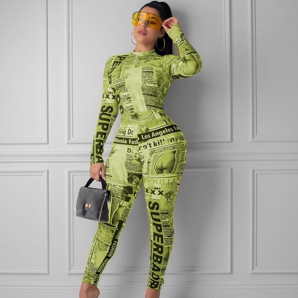 

2020 новых женщин газета печати с длинным рукавом bodycon комбинезон sexy night club romper осень зима комбинезоны костюмы костюм для подвиж, Black;white