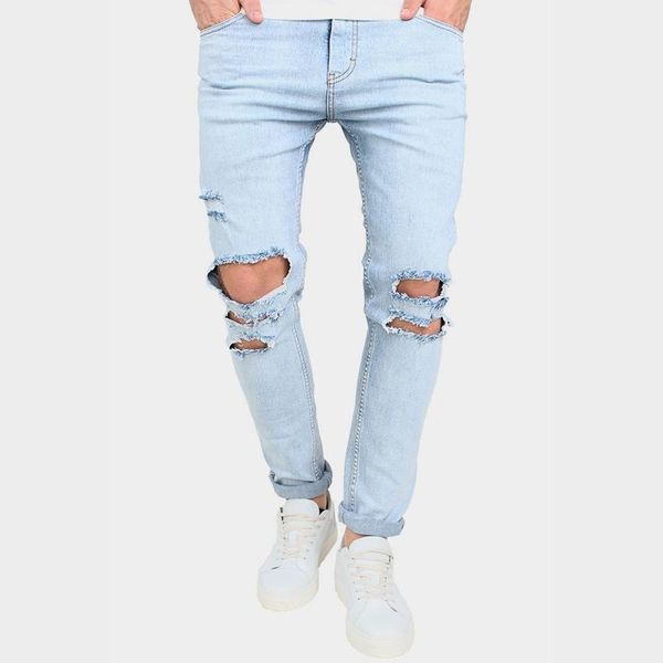 

новый разрушенный мужские джинсы slim fit denim брюки мужской джинсы guy прохладный модный летний ripped тощий байкер boy отверстие брюки, Blue