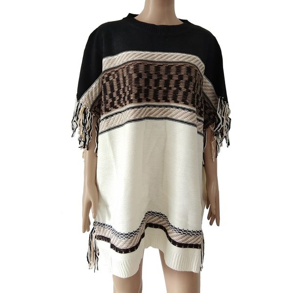 

feitong womens long sleeve stripe color block tassel sweater knitted cloak blouse, White;black