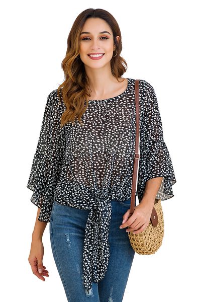 

selling women's round neck three quarter long lotus leaf sleeves leaf print chiffon seven-point sleeves summer loose casual shirt blous, White