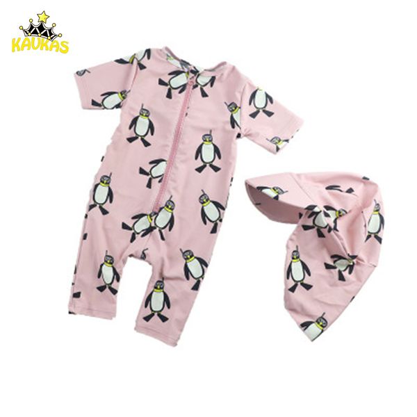 

kavkas baby boy summer diving swimwear penguin print cartoon swimming suit children spa beach bathing suits beachwear with hat, Black