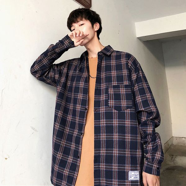 

spring plaid shirt men's fashion retro casual shirts mens streetwear wild society men dress shirt loose long sleeve male, White;black