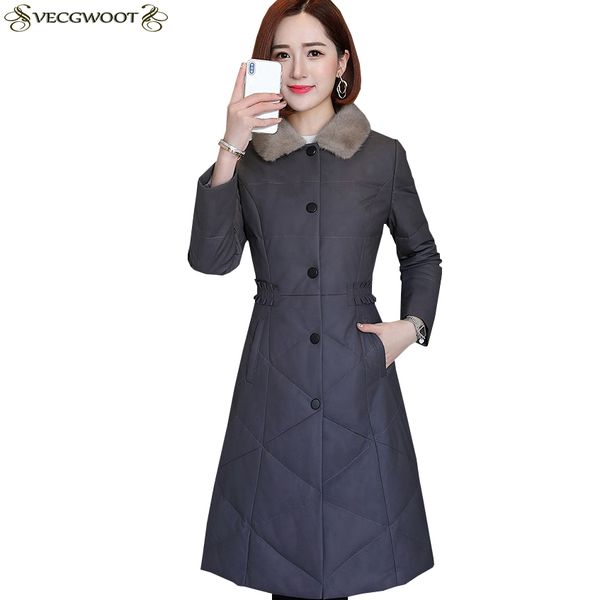 

new winter warm genuine leather down jacket women long large size genuine leather jacket women single breasted s574, Black