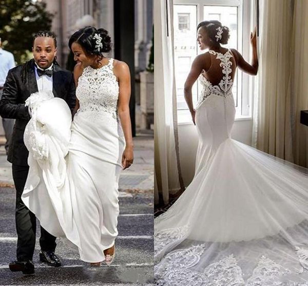 

потрясающие african русалка свадебные платья sexy sheer крытые кнопки шнурка аппликация western country свадебные платья с поезда суда, White