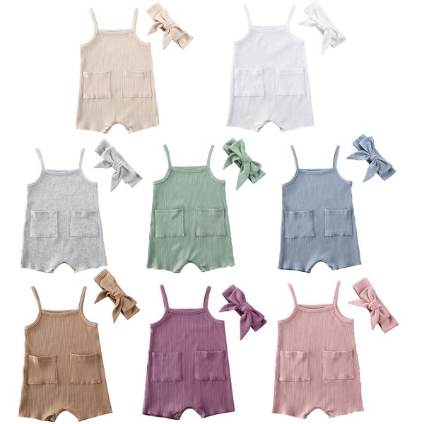 

8 colors 0-24m newborn baby girls boys rompers headband 2pcs solid sleeveless causal jumpsuits outfits, Blue