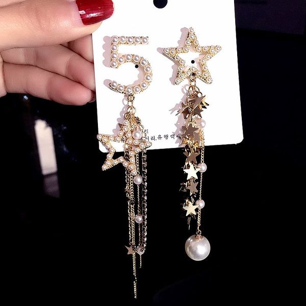 

fashion woman full pearl lucky number 5 long rhinestone tassels asymmetry drop earrings, Silver