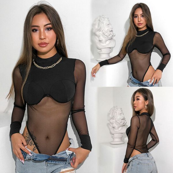 

women lace jumpsuit bodycon bodysuit leotard romper sheer long sleeve playsuits, Black;white