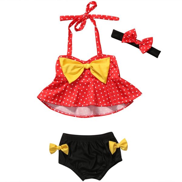 

2018 summer kid baby girls swimwear 1-4y tankini bikini set swimwear dot print bow swimsuit bathing suit beachwear+headband 3pcs