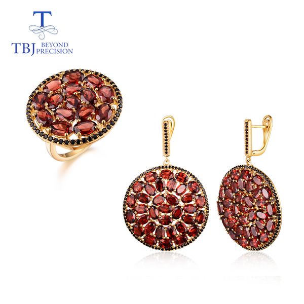 

natural garnet gemstone big size jewelry set in 925 sterling silver fine design pendant earring and ring for women party wear, Black