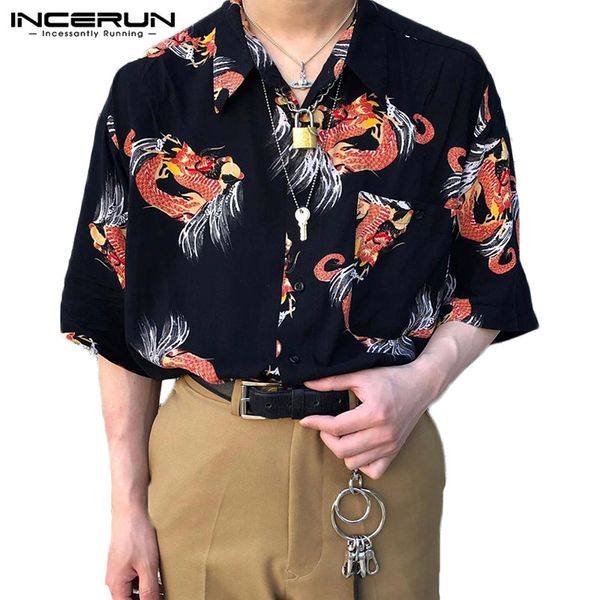 

men's casual shirts incerun fashion hawaiian vocation camisa breathable blouse streetwear men summer printed short sleeve lapel, White;black