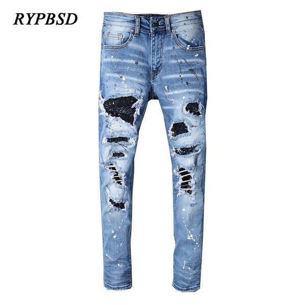 

men skinny jeans pants slim fit patchwork diamond streetwear moto & biker jeans pants men ripped blue trousers