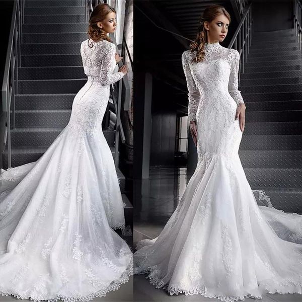 

Vintage Mermaid Wedding Dresses with Long Sleeve 2019 Lace Applique Plus Size Bridal Gowns Marriage Dress robes de mariée