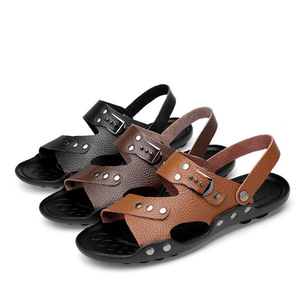 

fashion men sandals summer genuine leather sneakers roman sandals men shoes beach flip flops outdoor slippers shoes, Black