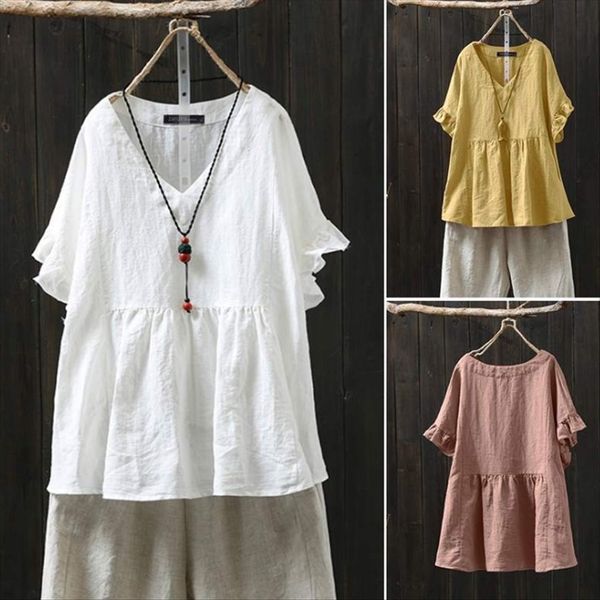 

2020 рубашки воланы сплошной цвет v-образным вырезом с коротким рукавом верхней большого размера случайных женщин рубашку, White