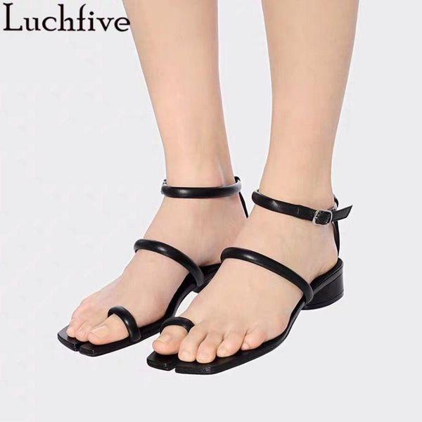 

square split toe summer beach shoes women black khaki one word strap leather sandals ankle t strap buckle short heels sandals