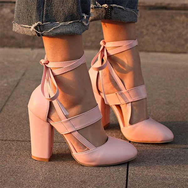 

women's cross strap chunky heel autumn pumps female cover heel solid party shoes ladies fashion footwear plus size, Black