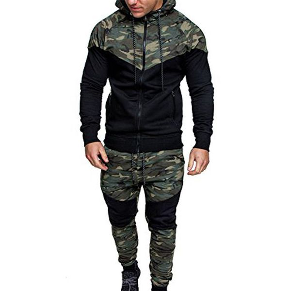 

men camouflage printed set new causal patchwork jacket tracksuit sportswear hoodies sweatshirt pants jogger suit patchwork tracksuit, Gray