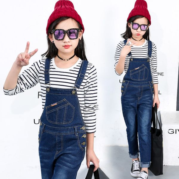 

2020 new kids denim overall for girls children autumn suspenders pencil jeans kids jumpsuit girls denim overalls y200704, Blue