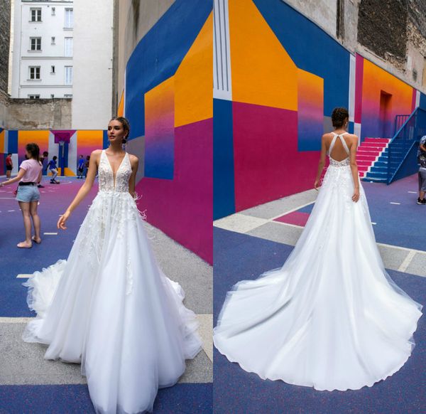 

crystal design a line bohemian wedding dresses affordable lace appliqued feather v neck beach wedding dress sweep train summer bridal gowns, White