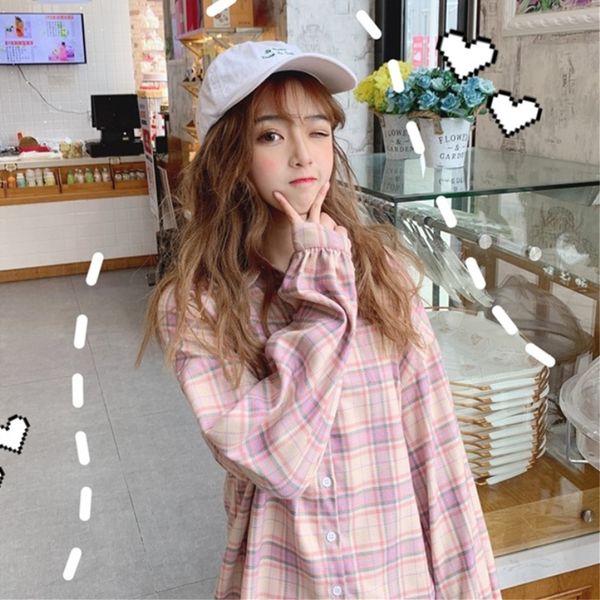 

harajuku sweet pink plaid loose casual girls korean women's clothing long shirt casual fashion plaid college blouse, White