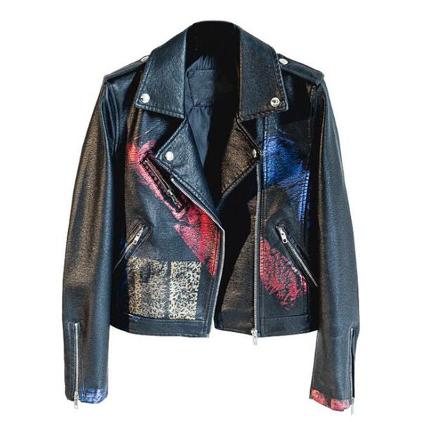 

fashion graffiti printing leather jacket long sleeve jacket women outerwear female spring autumn coat women slim casual jackets, Black