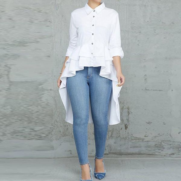 

deat 2020 spring long sleeve turn down collar white ruffles irregular hem shirt women mh856