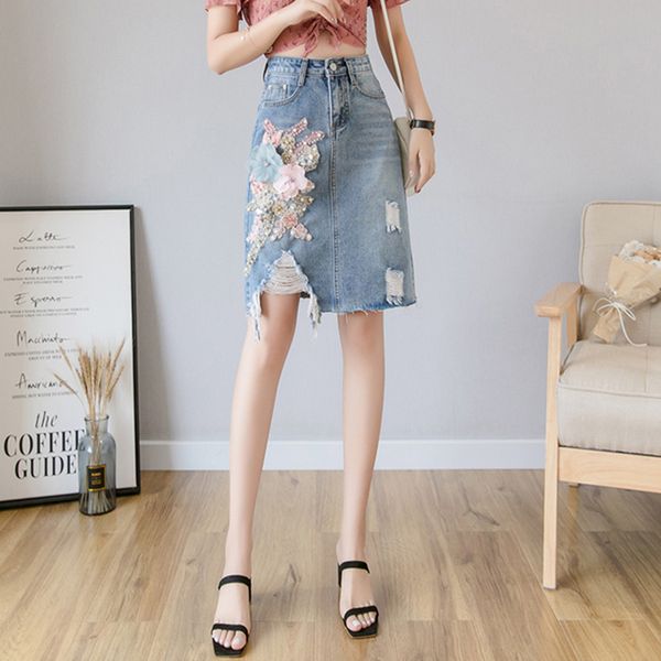 

aiyanga women blue ripped casual denim skirt 2019 summer bodycon women skirt floral embroidery jeans high waist, Black
