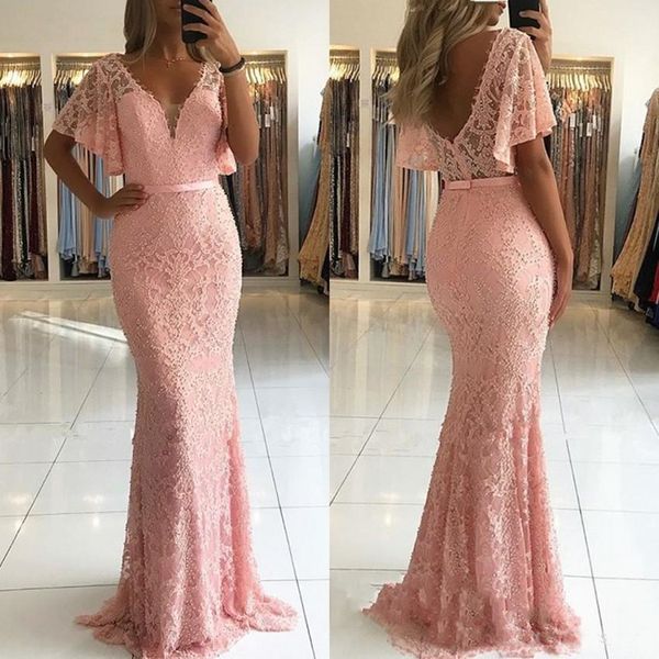 

Gorgeous Pink Lace Mermaid Prom Dresses 2019 Vestidos de fiesta Floor Length V Neck Low Back Women Party Gowns
