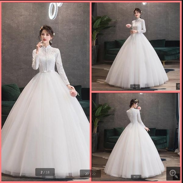 

robe де mariage 2020 белого кружево бального платья свадебного платья бисер блестка высокой шея длинный рукав корсет невеста платье платье д, White