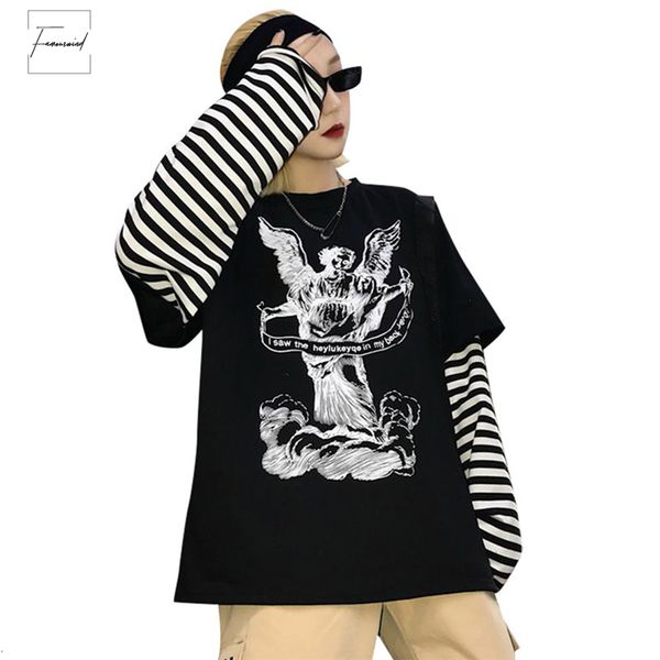 

herfst harajuku angel t shirt lange brief streep patchwork vrouwen hals mouwen kimono sleeve casual losse vrouwelijke t shirt top, White
