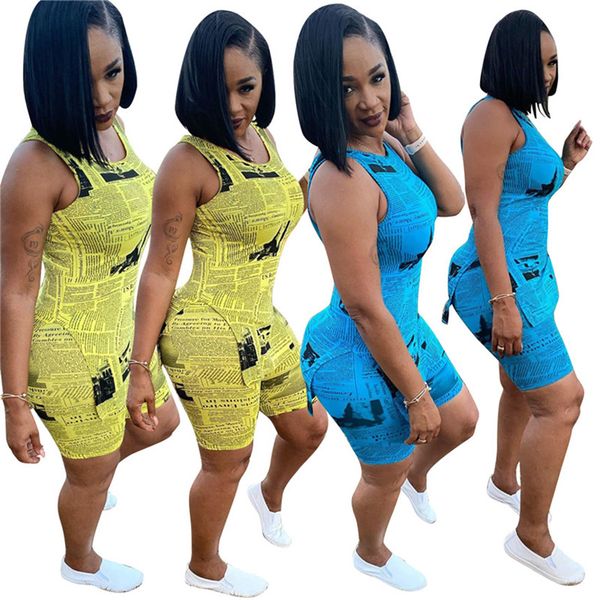 

women neswpaper print tracksuit casual two piece set sleeveless tshirtmini shorts sports outfits summer clothing slim jogger suit 3201, White