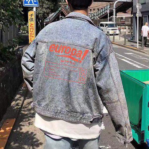 

19ss orange letter printing blue denim shirt jacket single breasted casual jackets fashion outerwear men women couple jackets, Black;brown