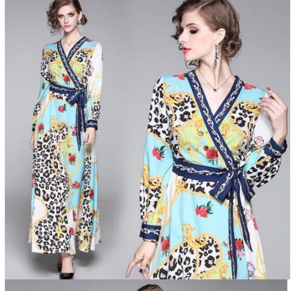 

fashion lady women's temperament v-neck long-sleeved printed long dress, Black;gray