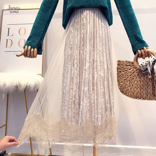 

юбка новые женщины fairy lace срощенной velvet супер кружева осень высокое качество элегантный тюль длинные плиссированные юбки falda mujer, Black