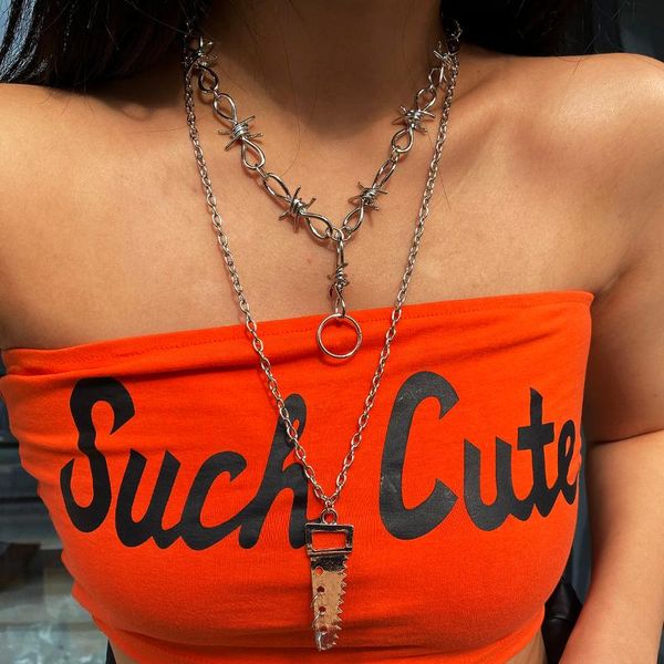 

lacteo gothic multi layered big saw pendant necklace hip hop punk thorns chain choker necklace jewelry for men women gifts, Golden;silver