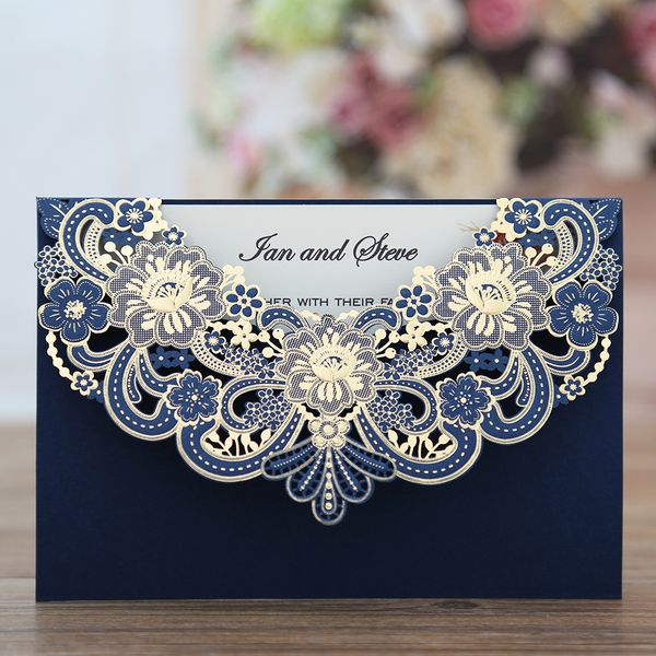 

100pcs new arrival horizontal laser cut wedding invitation with gold hollow flora favors,customizable