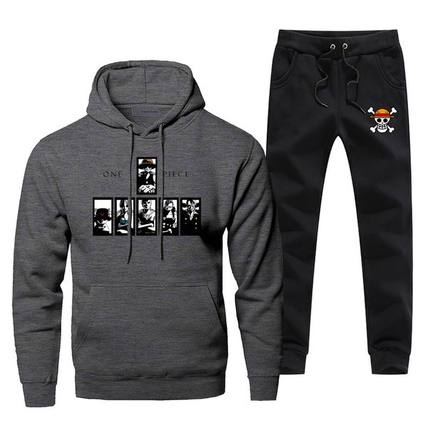 

monkey d luffy print men's full suit tracksuit casual fashion one piece pants sweatshirt harajuku set fleece japan anime hoodies, Gray