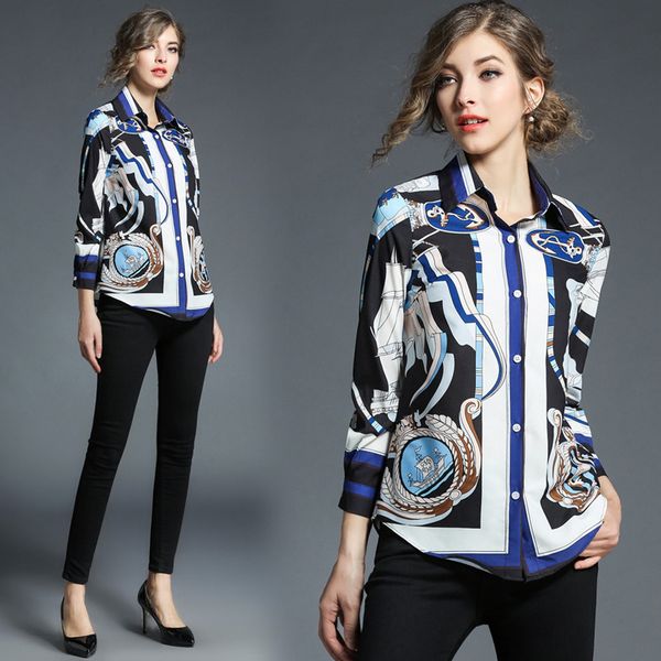 

paris fashion long sleeve floral printed shirts spring fall runway women's lapel neck blouses office lady business luxury slim shirt, White